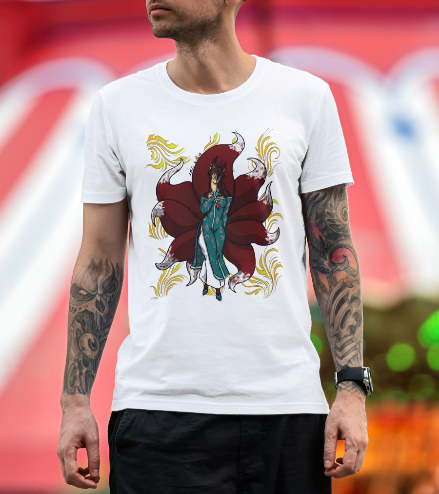Kitsune Ren Nine-Tailed Fox Spirit with Red Tails and Blue Kimono T-Shirt