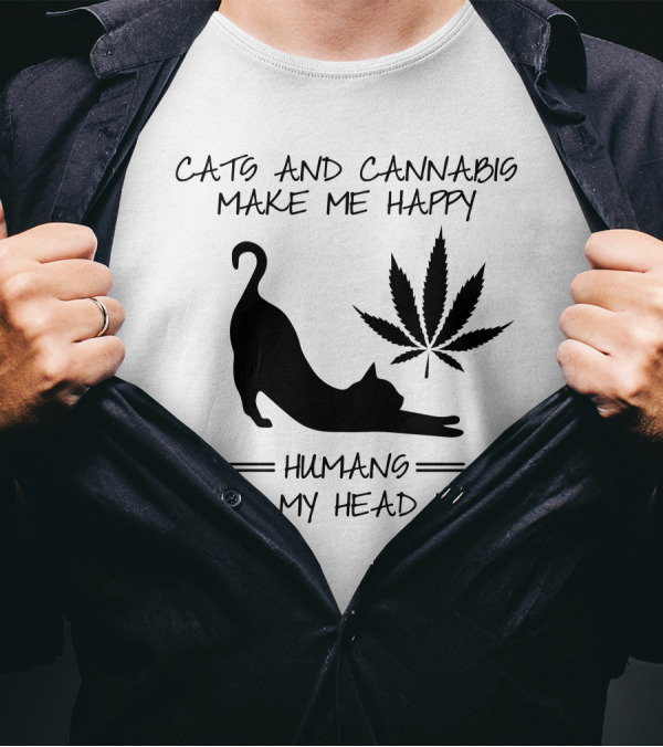 Cats And Cannabis Make Me Happy Humans Make My Head Hurt Cat Silhouette Leaf T-Shirt