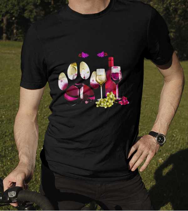 Easily Distracted By Dogs And Wine Paw Print Grapes Bottles And Glasses T-Shirt