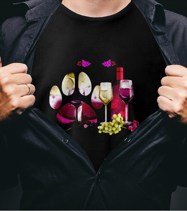 Easily Distracted By Dogs And Wine Paw Print Grapes Bottles And Glasses T-Shirt