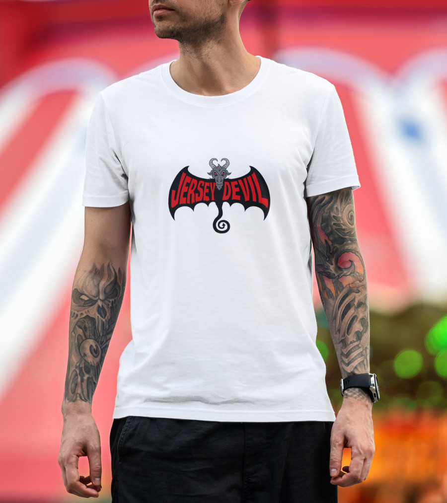 Jersey Devil Bat Wings Red Text Horned Creature T-Shirt
