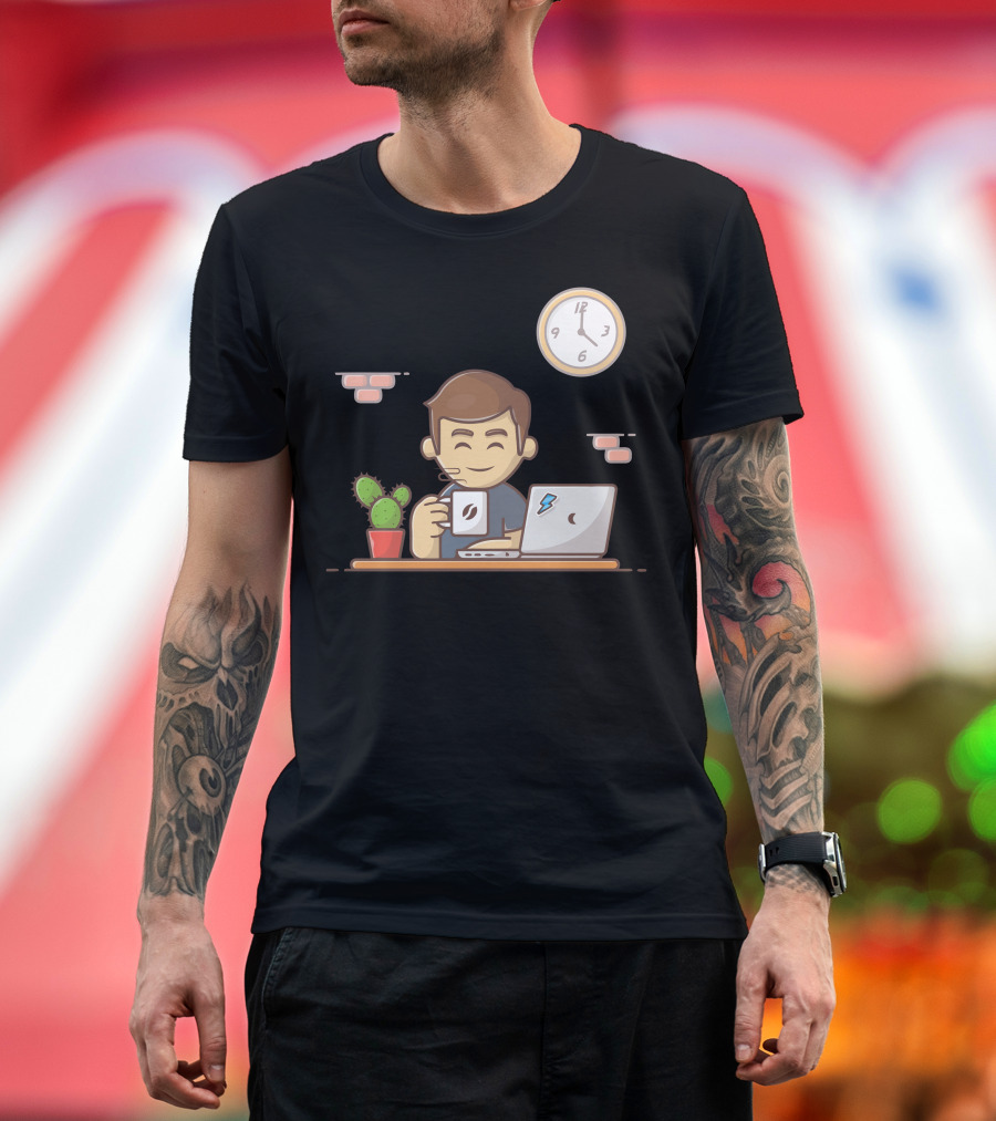 Man Drinking Coffee at Laptop with Cactus and Wall Clock T-Shirt