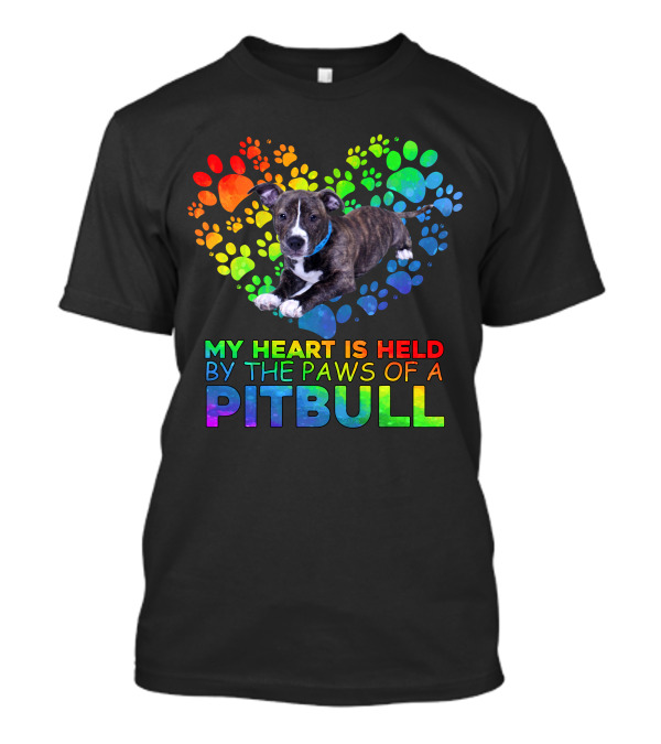 My Heart Is Held By The Paws Of A Pitbull Rainbow Paw Prints T-Shirt