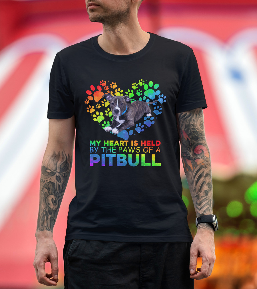 My Heart Is Held By The Paws Of A Pitbull Rainbow Paw Prints T-Shirt