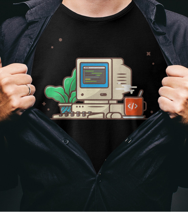 Vintage Computer Desktop With Coding Screen, Hot Coffee, And Green Plant T-Shirt