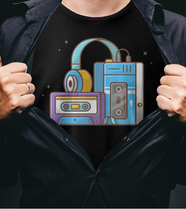Old Music Player With Cassette And Headphone Retro Vibes T-Shirt