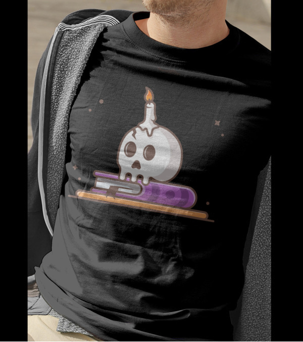 Skull Candle Melting On Book With Purple Cover And Stars T-Shirt