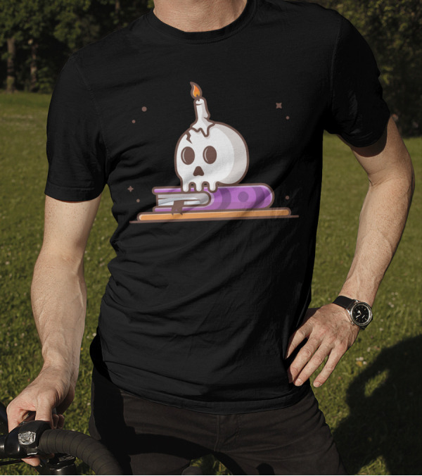 Skull Candle Melting On Book With Purple Cover And Stars T-Shirt
