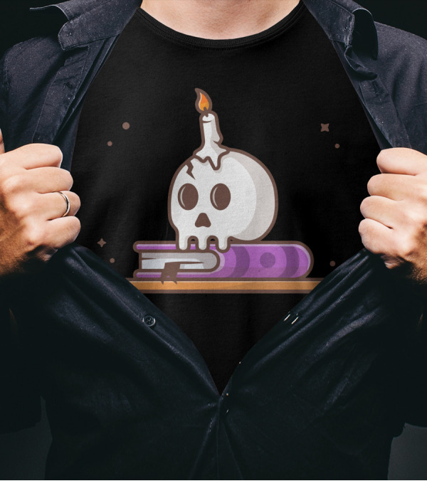 Skull Candle Melting On Book With Purple Cover And Stars T-Shirt