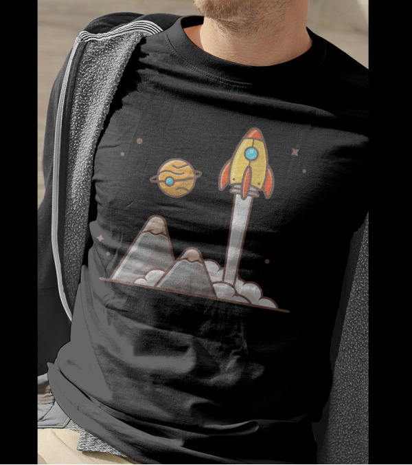Space Shuttle Launch With Planet And Mountain Scene T-Shirt