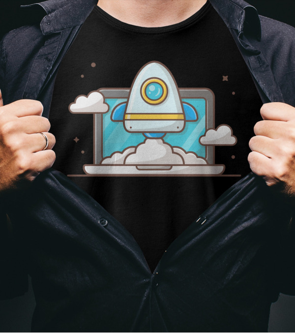 Start Up Rocket Launch With Laptop And Clouds Iconography T-Shirt