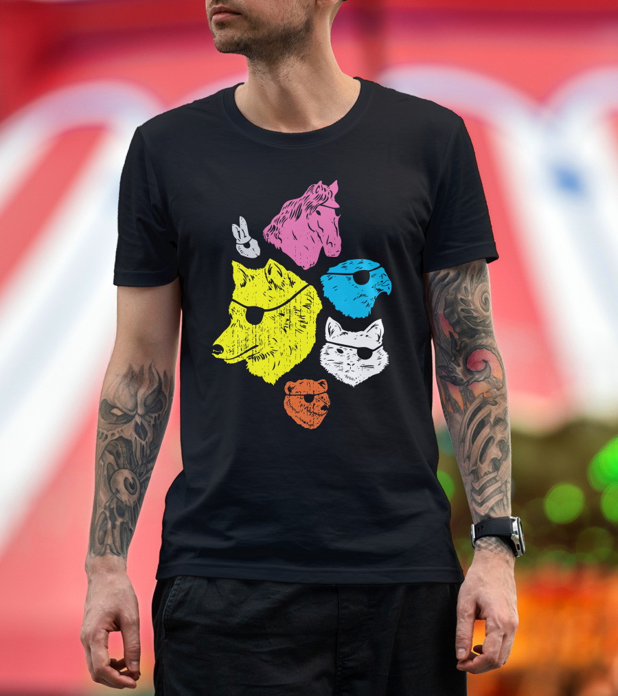 Colorful Animals With Eyepatches: Wolf, Rabbit, Horse, Bird, Fox, Bear T-Shirt