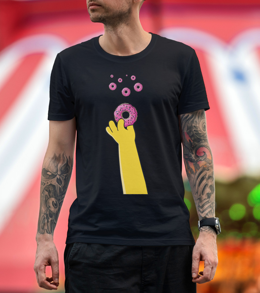 Homer Donuts Pink Icing Sprinkles Iconic Yellow Hand T-Shirt