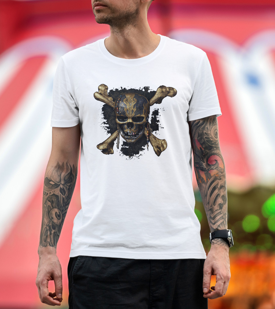 Pirates Of The Caribbean Dead Men Tell No Tales Skull Crossbones Gold Accents T-Shirt