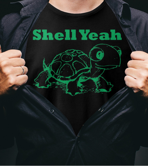 Shell Yeah Turtle Sketch In Green T-Shirt