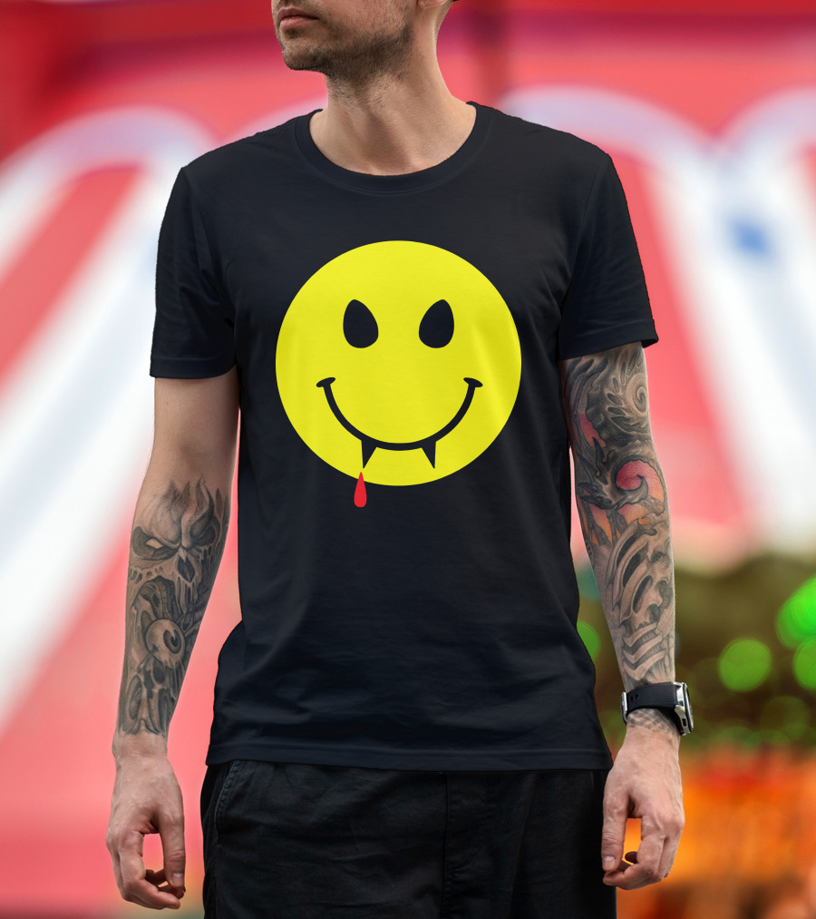 Vampire Smiley Face With Fangs and Blood Drip T-Shirt