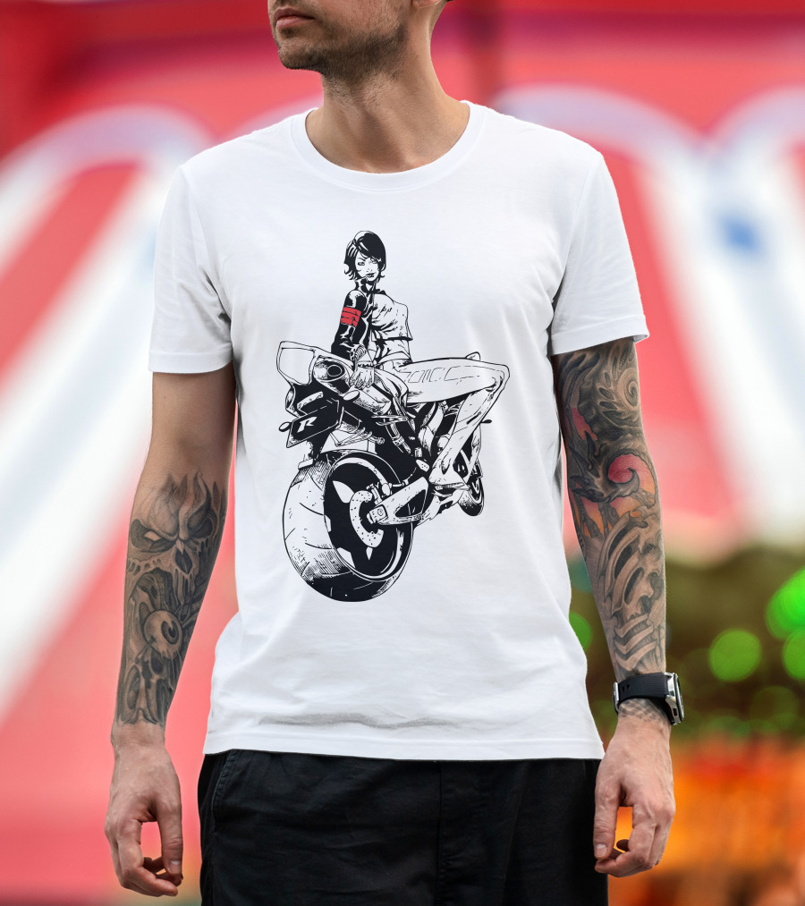 Biker Girl Riding Motorcycle with Red Arm Band T-Shirt