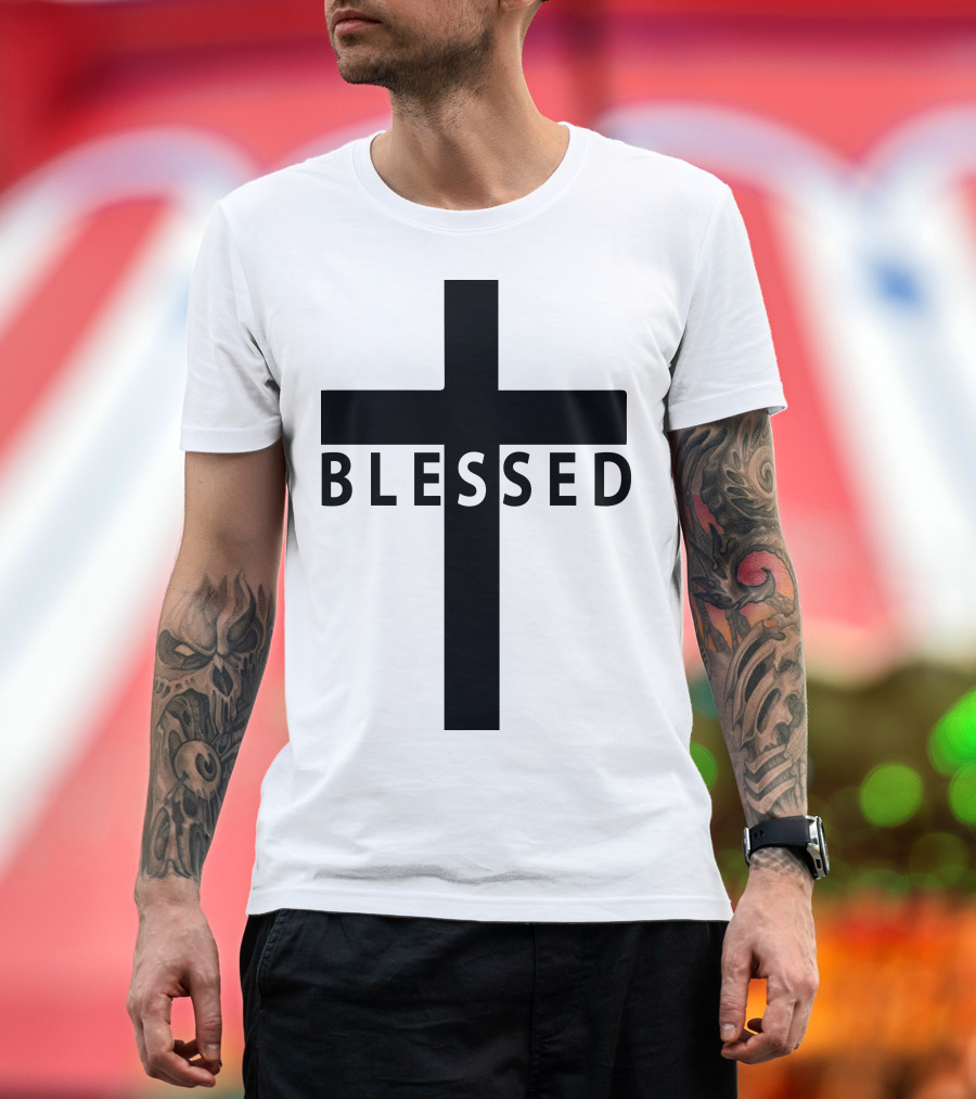 Blessed Text Overlay on Cross T-Shirt