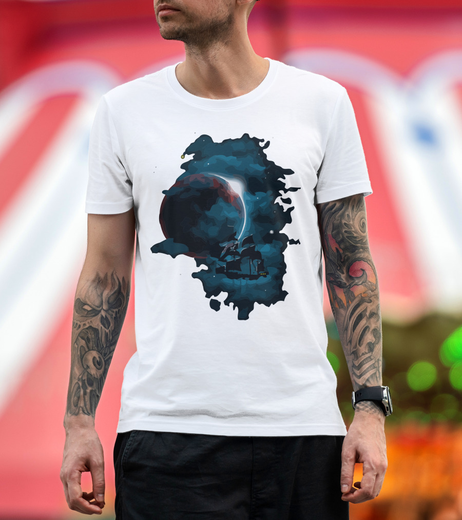 Pirate Spaceship Sailing Through Cosmic Nebula in Space Adventure T-Shirt