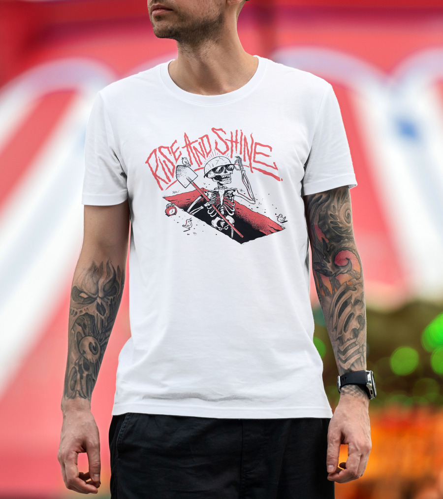 Rise And Shine Skeleton with Shovel Emerging from Grave with Clock and Crows T-Shirt