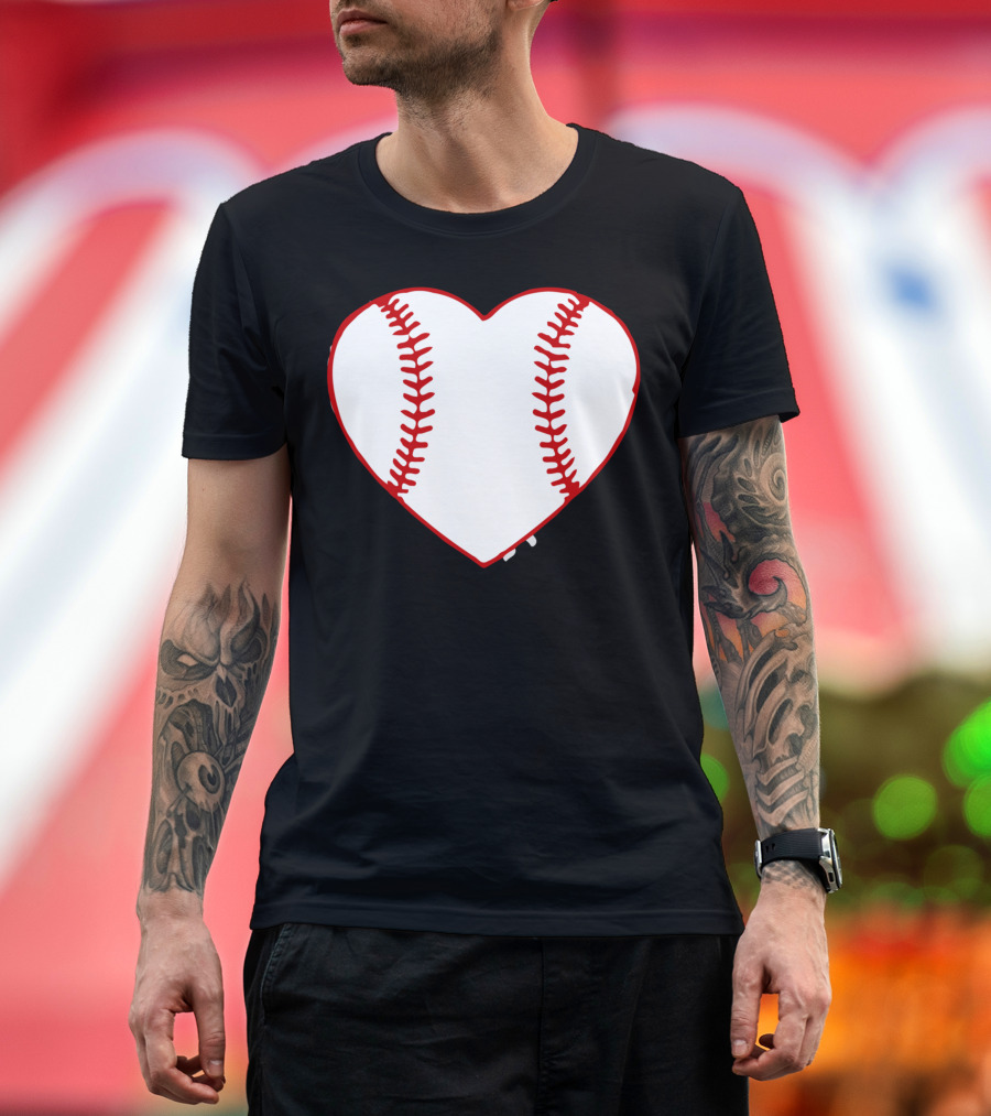 I Love Baseball Heart Stitching T-Shirt