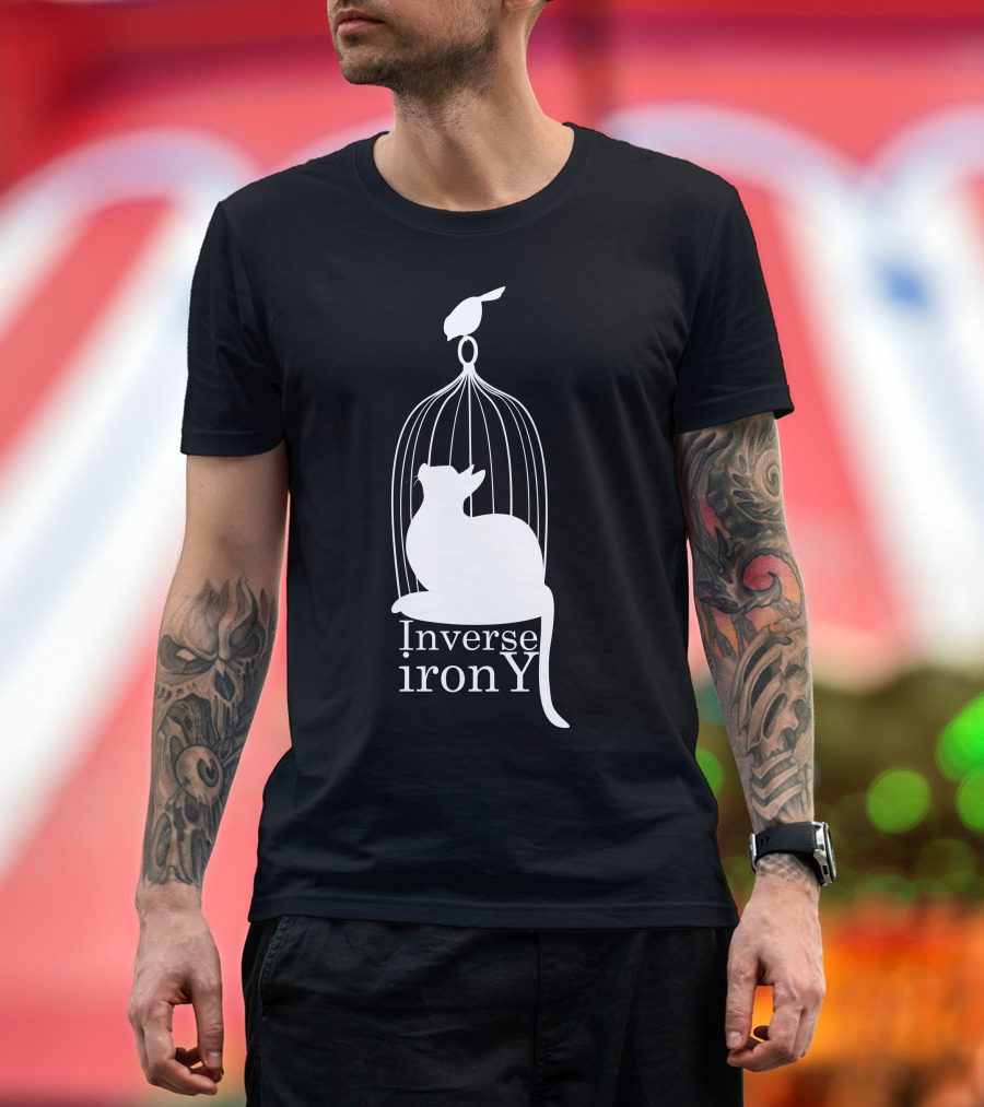 Inverse Irony Cat Inside Birdcage with Bird on Top T-Shirt