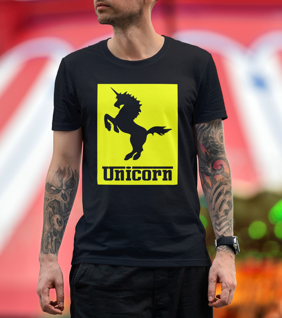 Unicorn Ferrari Car Logo Parody Black Yellow T-Shirt