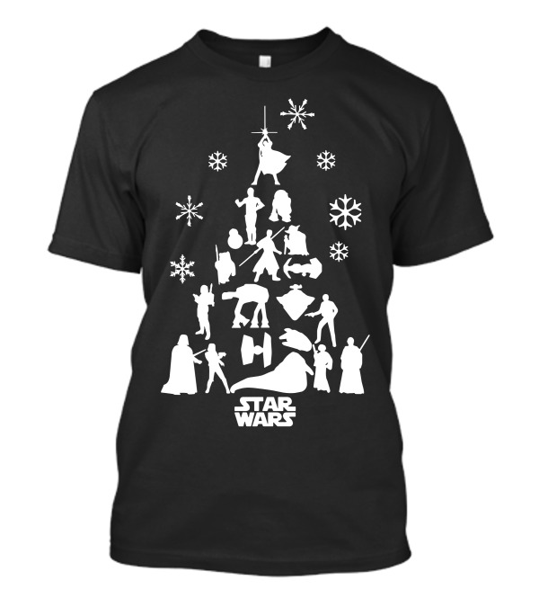 Star Wars Christmas Tree Silhouettes Featuring Characters And Snowflakes T-Shirt