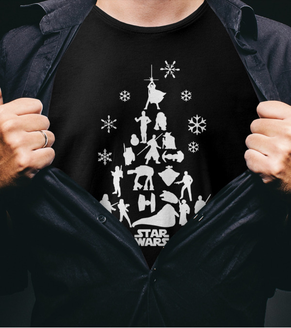 Star Wars Christmas Tree Silhouettes Featuring Characters And Snowflakes T-Shirt