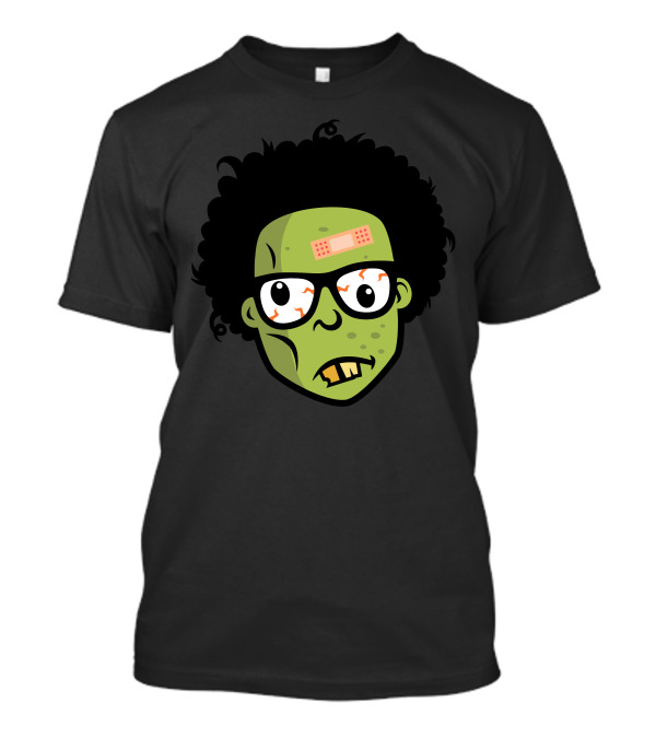 Geek Zombie Head Cartoon Illustration With Glasses And Bandage On Forehead T-Shirt