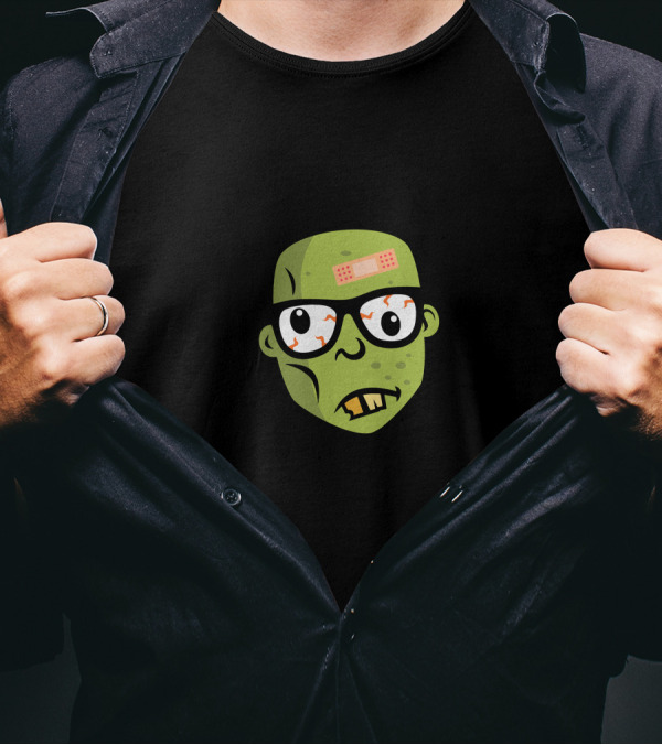 Geek Zombie Head Cartoon Illustration With Glasses And Bandage On Forehead T-Shirt