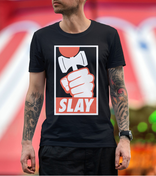 Premium T-Shirt: SLAY Fist Hammer Retro Badge T-Shirt SLAY Fist Hammer Retro Badge T-Shirt