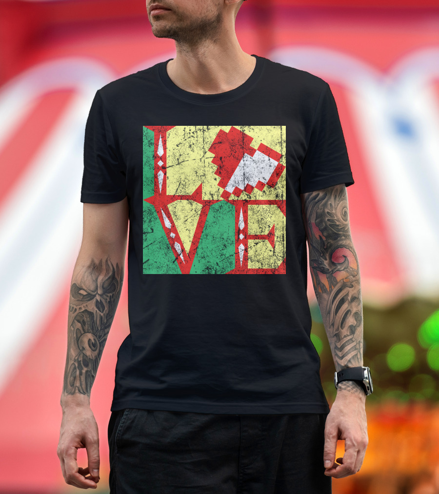 LOVE Pixelated Sword and Shield Icon T-Shirt