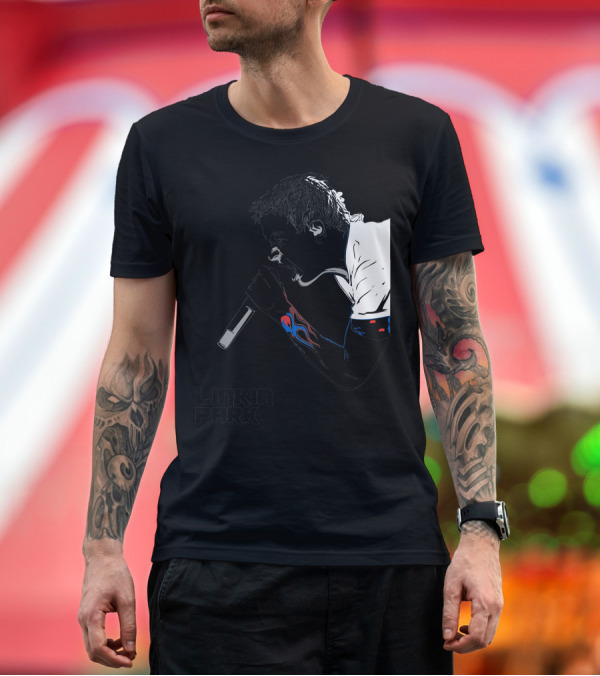 Premium T-Shirt: Linkin Park Singer Illustration with Microphone and Flame Tattoo T-Shirt Linkin Park Singer Illustration with Microphone and Flame Tattoo T-Shirt