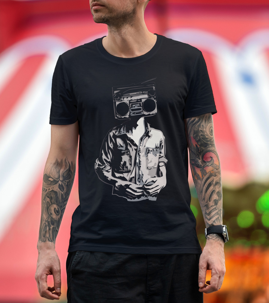 Stereo Head Boombox Character in Retro Jacket T-Shirt