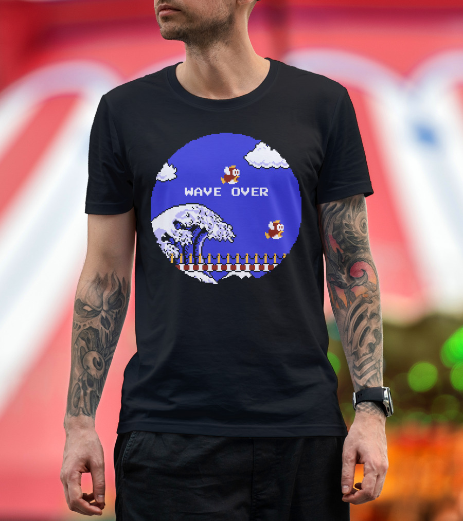 Wave Over Retro Pixel Art with Flying Penguins and Ocean Wave T-Shirt