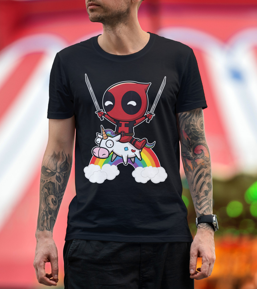 Deadpool Riding The Unicorn with Rainbow T-Shirt