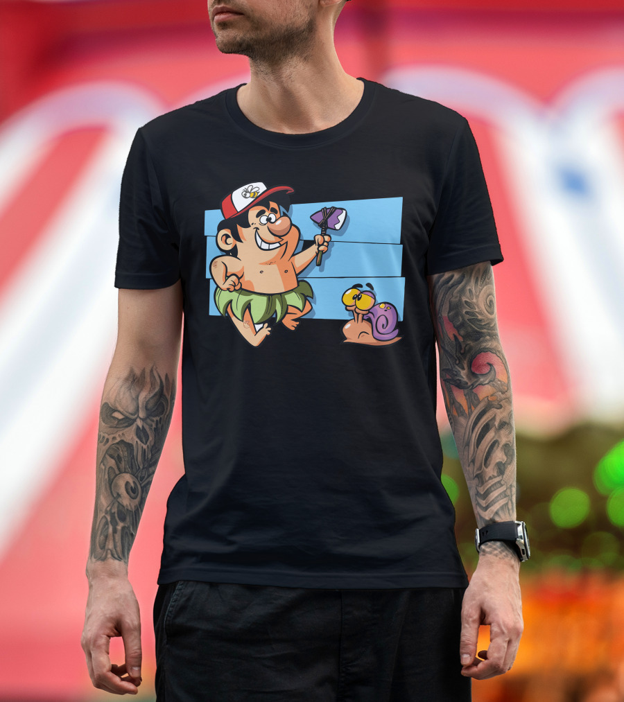 Adventure Island Kid with Axe and Snail on Blue Stripes T-Shirt