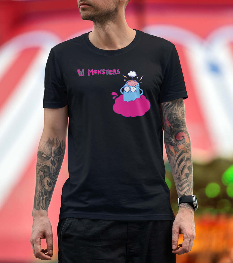 Lil Monsters Cute Blue Monster Cartoon with Cloud and Lightning T-Shirt