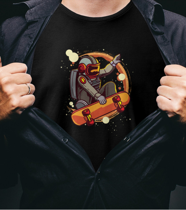 Skateboarding Astronaut Ollie Trick On Cosmic Red Planet Adventure T-Shirt