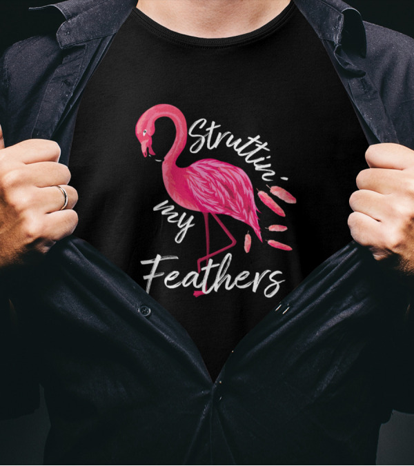 Struttin My Feathers Flamingo Pink Bird With Footprints T-Shirt