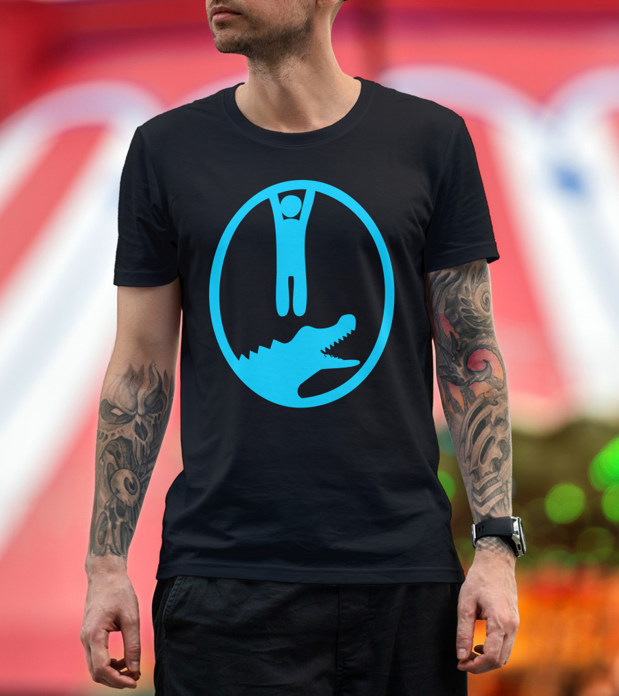 Crocodile Danger Stick Figure Hanging Above Open Jaws Blue Oval T-Shirt
