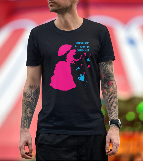 Premium T-Shirt: Curiouser And Curiouser Alice Silhouette with Heart and Teapot Accents T-Shirt Curiouser And Curiouser Alice Silhouette with Heart and Teapot Accents T-Shirt