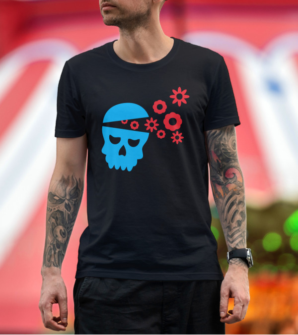 Premium T-Shirt: Funny Blue Skull with Red Flowers Emanating T-Shirt Funny Blue Skull with Red Flowers Emanating T-Shirt