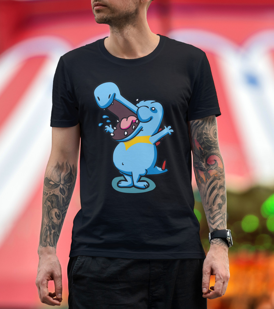 Blue Crocodile Happy Cartoon Mascot with Open Mouth T-Shirt