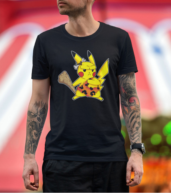 Premium T-Shirt: Caveman Pikachu with Club and Flintstones-Style T-Shirt Caveman Pikachu with Club and Flintstones-Style T-Shirt
