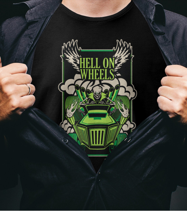 Hell On Wheels Skeleton Driver With Winged Hot Rod Flames T-Shirt