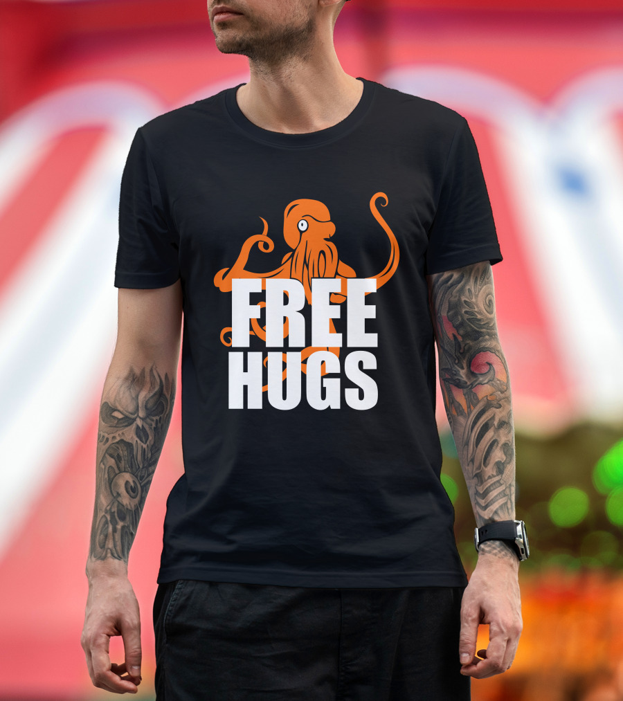 Free Hugs Funny Humor Peace Love Big Bold Hippie Trendy Octopus T-Shirt