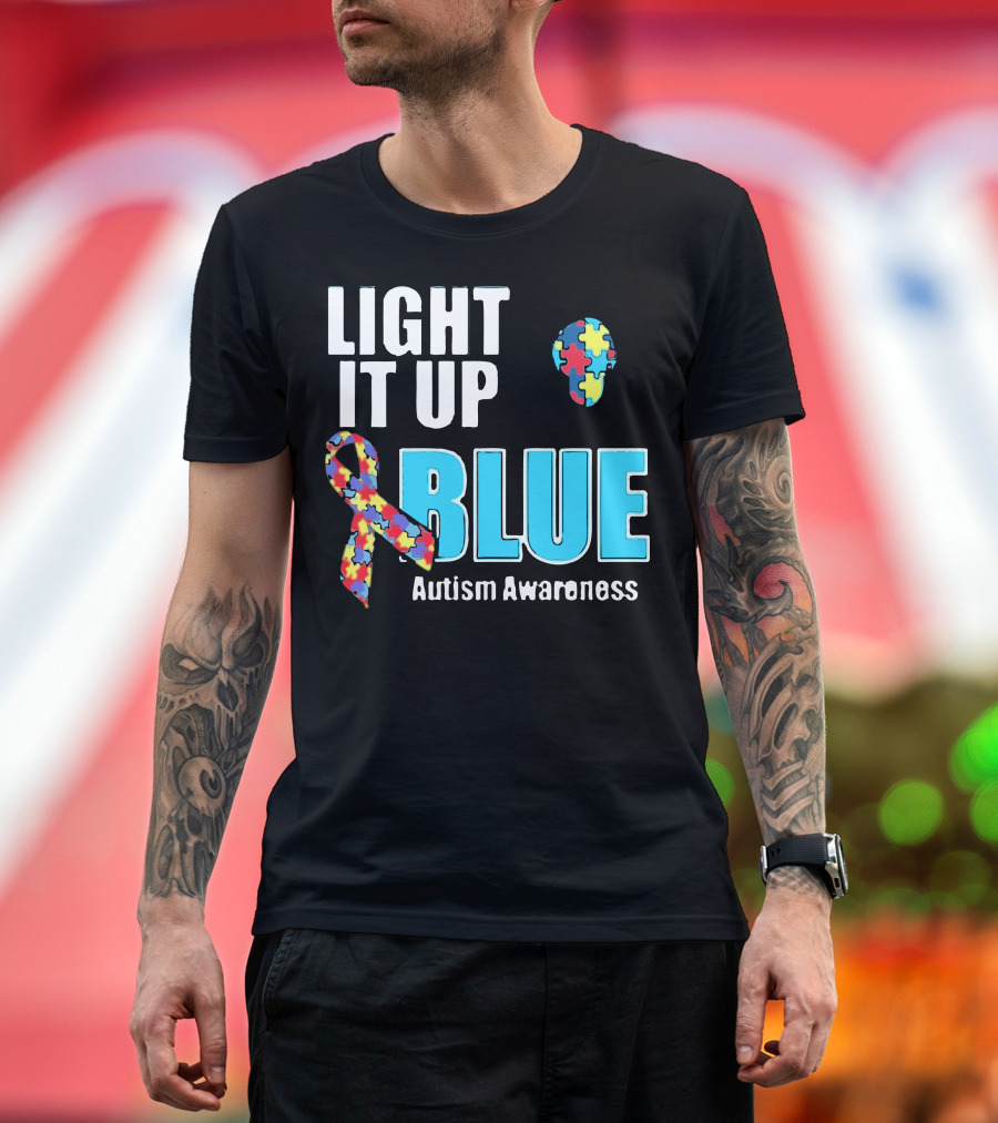 Light It Up Blue Autism Awareness Puzzle Ribbon and Head T-Shirt