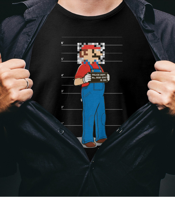 Pixelated Mario Police Department Mugshot Lineup T-Shirt